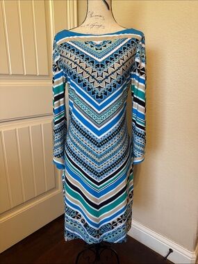 Beige by eci Blue & Teal Geometric-Print Long Sleeve Dress